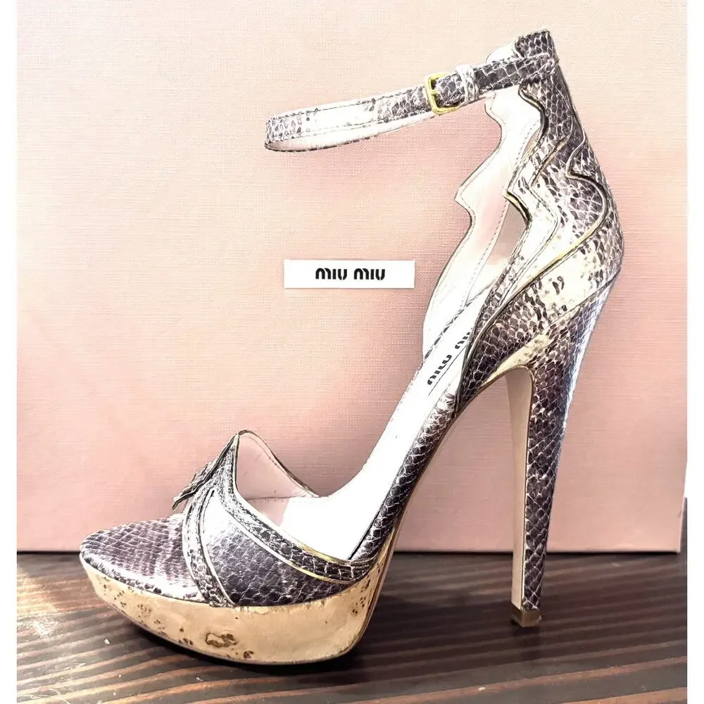 MIU MIU PYTHON LEATHER WOOD PLATFORM HIGH HEEL SHOES SIZE 37 ROCCI PLATINO BROWN